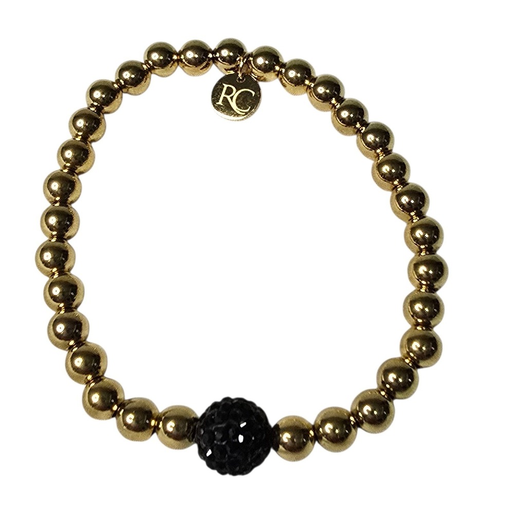 Rustic Cuff Gold Beaded Bracelet with Black Crystal Accent Boho‎ Chic with Bag